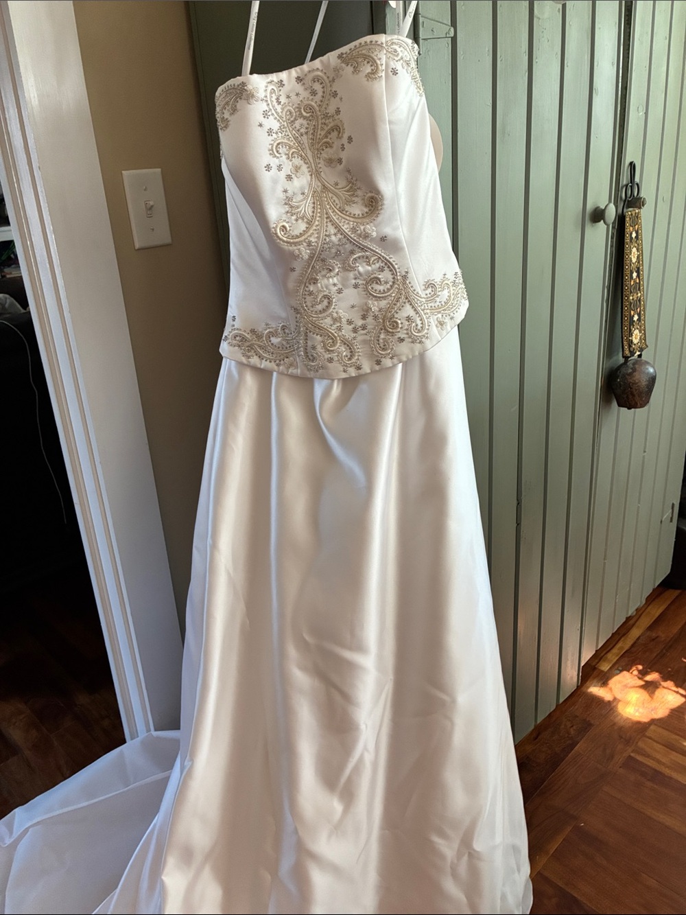 Oleg Cassini Ivory Strapless Satin Bridal Gown with Beaded Bodice